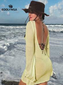 性感露背喇叭袖夏季海边女士纯色针织沙滩迷你裙2025透视短裙泳装罩衫 - 黃色 - 查看 3