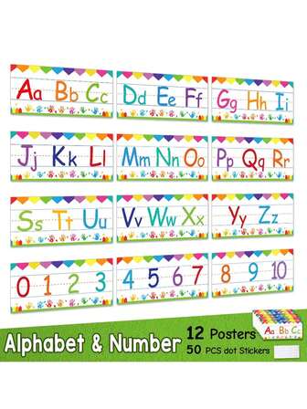 12 件 26 个字母和数字 ABC 英语教室墙面装饰，儿童教育学习卡