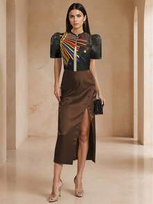 Amyenjoylife 现代菲律宾风情衬衫，夏季时尚印花泡泡袖开衫上衣，女士菲律宾风情披肩，菲律宾风情衬衫，黑色上衣 - 黑色 - 查看 3