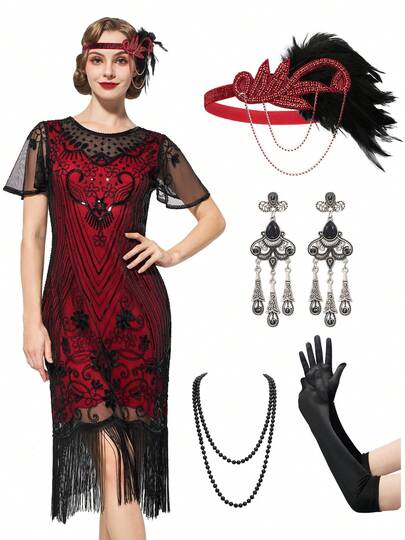 Plus Size S-XXXL Great Gatsby Lace Neck Flapper Dress - 1920s Dress For Women With Sleeve - Roaring 20s Costum