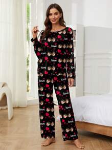Customized Women's Pajama Set, Unique Big Head Photo, Couple Face Replacement, Holiday Atmosphere, Fall Winter Clothes,Roupa Reveillon - Black - View 4
