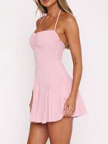 Vestido corto de verano para mujer con cuello halter, ajustado, con pliegues, espalda descubierta, con lazo y volantes, para fiesta y club - Rosa - Ver 2