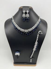 Set de bijuterii de lux cu 4 bucăți pentru femei, colier, cercei, inel, brățară cu zirconiu verde și roz încrustat cu cupru, set de bijuterii de mireasă, cadou de Ziua Îndrăgostiților pentru prietenă