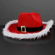 1pc Christmas Party Cowboy Feather Hat, Faux Fur Trim Jazz Hat, Santa Claus Hat, Western Carnival Hat, Suitable For Party Costume - Multicolor - View 5