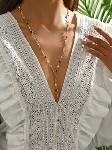 1 件女士 Y 形链流苏项链，百搭长链彩色仿水晶吊坠项链，送给朋友的礼物