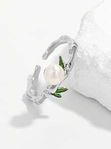 1 Stück eleganter und modischer minimalistischer klassischer glänzender 925er Silber Perlen-eingelegt Bambus Design verstellbarer offener Ring, Schmuckgeschenk als Partyzubehör für Frauen