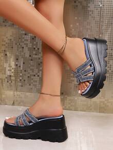 Women's Solid Color Bohemian Platform Wedge Sandals, European And American Cross-Border Plus Size Wedge Sandals, Polyurethane Platform Fashion High Heel Sandals, Flatform Slip On High Heel Sandals - Blue - View 3