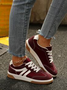 2025 Autumn Women's Color Block Patchwork Casual Sneakers, Fashionable And Versatile Flat Trainers, Suitable For Walking, Daily Commute Wear, Student Lace-Up Skate Shoes