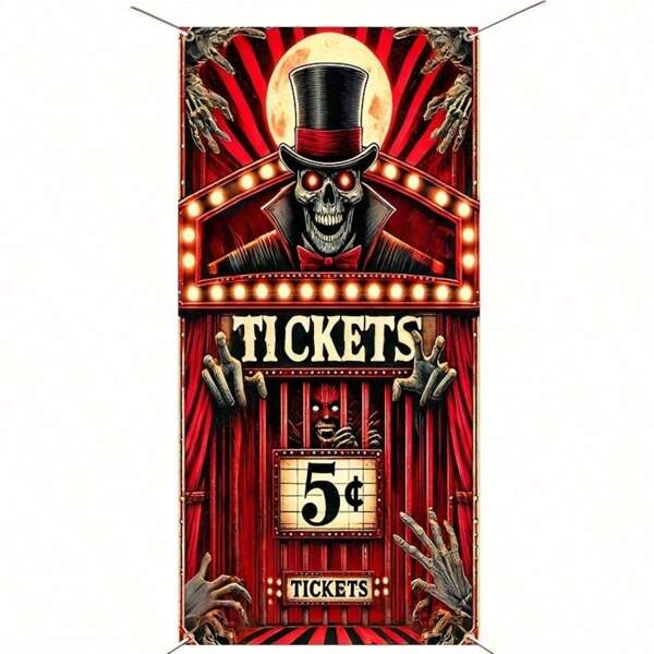 2D Deurbanner 1 stuk Weird Carnival Skeleton Circus Ringmaster Banner - 100% Polyester 5 Cent Ticket Booth Deurhoes - Multifunctionele Indoor/Outdoor Halloween Feestdecoratie - Geen Elektriciteit Vereist - 35,43 X 70,86 Inch