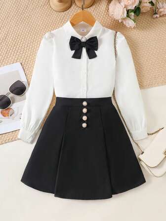 Tween Girls' Two - Piece Outfit, White Collared Long - Sleeve Blouse With Black Bow Tie , Black Pleated Skirt With Faux Pearl Buttons, Elegant School & Party Ensemble
