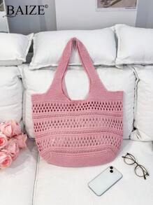 ENBEI 女士时尚优雅手提包，假日沙滩包，粉色包，镂空针织沙滩包简约钩针包爱心休闲镂空图案钩针包假日风格适合少女大学生非常适合大学、户外、旅行、郊游、休闲度假、沙滩包、单肩包、手提包，非常适合海滩度假、购物和度假必需品，与女士假日服装完美搭配 - 粉色 - 查看 9