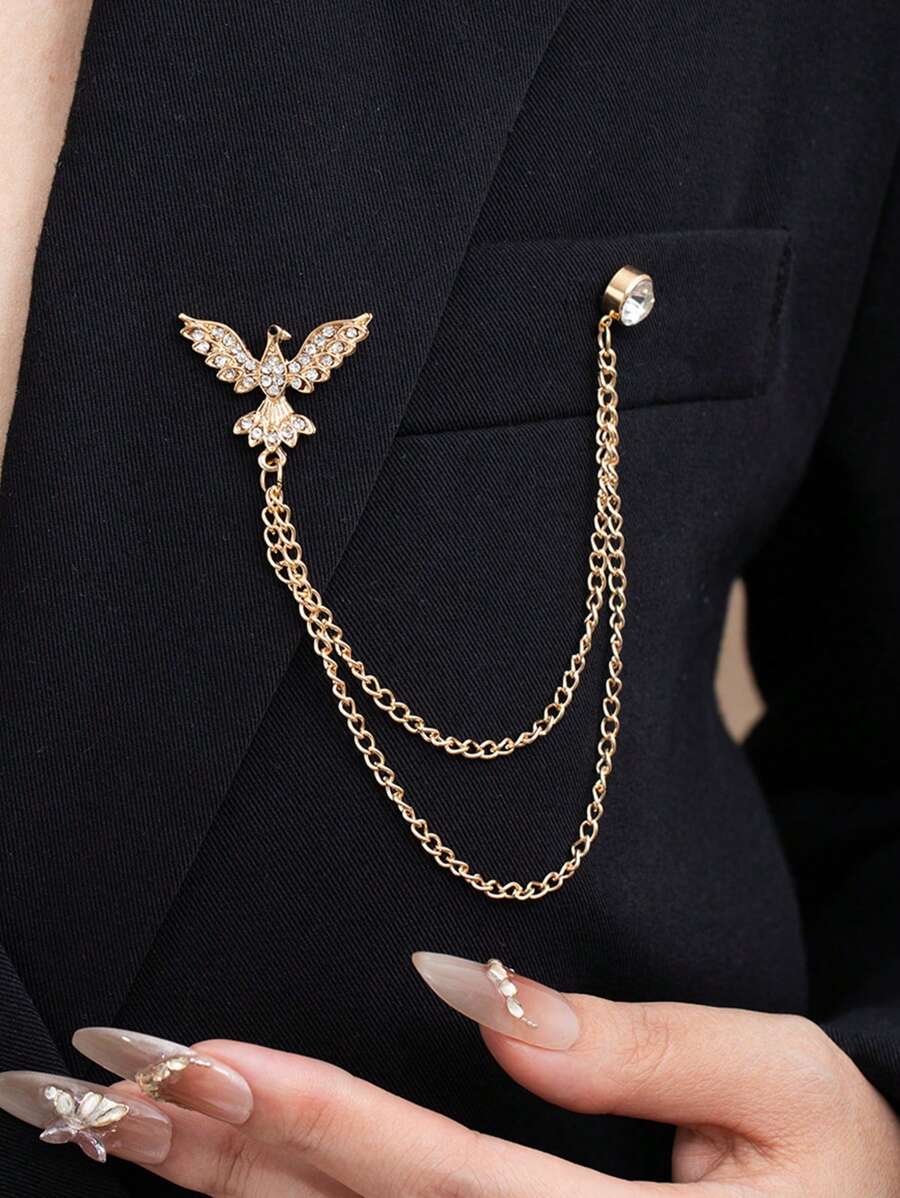 1pc Fashionable Eagle Brooch With Rhinestones, Vintage Wing Design Animal Lapel Pin, Chain Suit Brooch Dress Accessory Office Accessories Shirts Jacket Jewelry Christmas Halloween