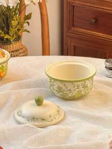 1pc Vintage Floral Ceramic Bowl With Lid, Spoon Included, Rustic Lily Of The Valley Green Casserole Dish, Homemade Dessert & Soup Bowl, Creative Dinnerware, Suitable For Daily Use
