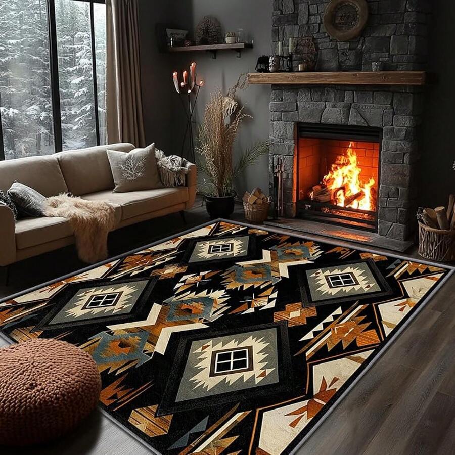 3x5 Rugs, 2x3 Rug, Southwestern Rustic Area Rug, Colorful Geometric Door, Washable & Non - Slip Small Carpet, Home Decor - 黑色 橘色 米色 - 查看 1