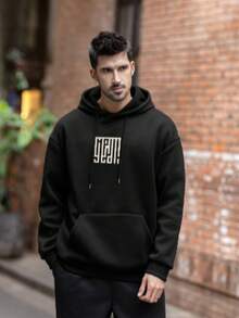 极简风男士字母印花落肩长袖休闲连帽衫 | 完美休闲单品 - 黑色 - 查看 3