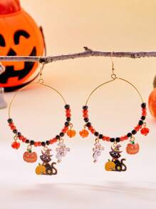 1 对彩色串珠万圣节猫南瓜鬼水晶珠耳环