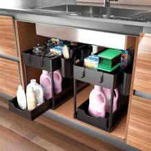 1pc/2pcs Pull Out Organizer, Multifunctional Double-Layer Sundries Storage Rack, Sink Multi-Grid Drawer Storage Holder, For Kitchen, Bathroom, Mugs And Cosmetics, Home Organizers And Storage, Home Accessories - Black - View 2