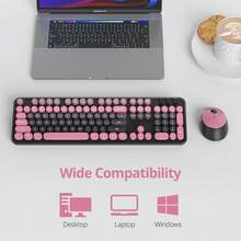 Conjunto de teclado y ratón inalámbricos, bonito conjunto de teclado y ratón, teclado de máquina de escribir de tamaño completo con teclado numérico, teclado colorido con teclas redondas para PC portátil con Windows - Rosa Fucsia - Ver 6