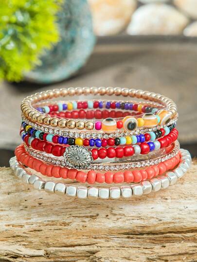 TopHanqi 7 Peças Conjunto de Pulseiras de Estilo de Férias na Praia para Mulheres, Pulseira Boêmia Minimalista de Cores Contrastantes Multicamadas Feita à Mão com Contas, Incrustada de Pedras Rhinestone com Padrão de Olho, Versátil para Uso Diário, Festa, Encontro, Viagem
