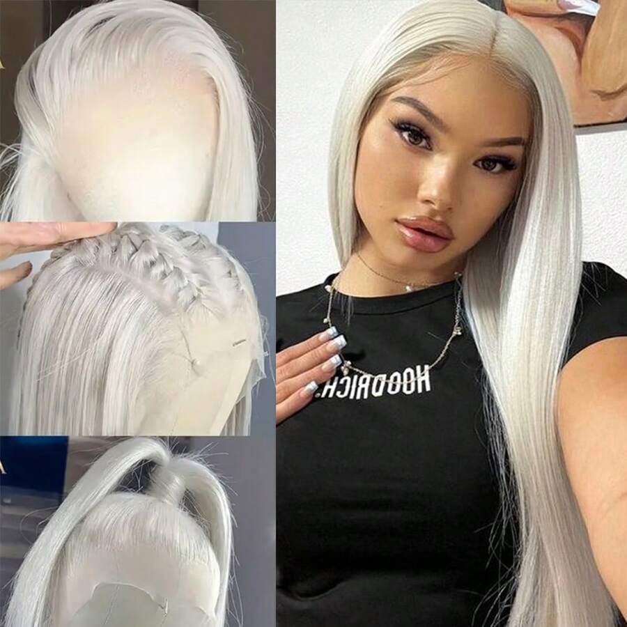 13X6 Free Part Platinum Blonde Lace Front Wigs 28 Inch Pre Plucked Long Straight Hair Wigs Glueless Soft Ash Blonde Colored Wigs Heat Resistant Fiber Hair Synthetic Lace Front Wigs For Women For Daily Christmas Party Cosplay Use - trắng - Xem 1