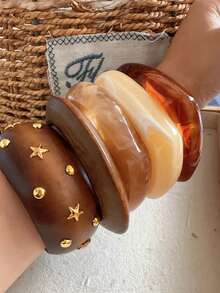 European And American Popular Women's Wide-Faced, Natural Pine Wood, Asymmetrical Resin Bracelets, Suitable For Daily Clothing, Festive Clothing, Boho Style, (Natural Pine Wood, Wood Grain, Wood Marks Are Normal) - 咖色 - 查看 14