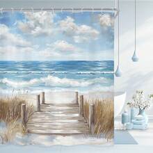 Beach Shower Curtain Blue Ocean Coastal Beachy Sea Oil Painting Seaside Summer Waves Modern Hawaii Landscape Scenery Bathroom Decor Fabric Polyester Waterproof 12 Pack Hooks  - 36x72inch, 48x72inch, 60x72inch, 66x72inch