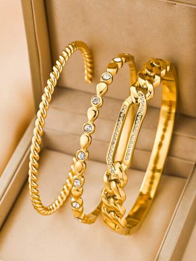 Set de 3 piezas o 1 pieza Pulsera de mujer de acero inoxidable de 18K, brazalete abierto con cierre de cristal rhinestone minimalista y elegante, adecuado para fiesta, casual, apilamiento, reunión con amigos, regalo, festival de música, fiesta de playa de verano