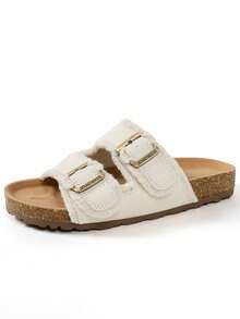 Wide Fit Summer New Comfortable Flat Non-Slip Beach Sandals, Casual Metal Buckle Fashion Versatile Open Toe Thick Sole Slides - Beige - View 3