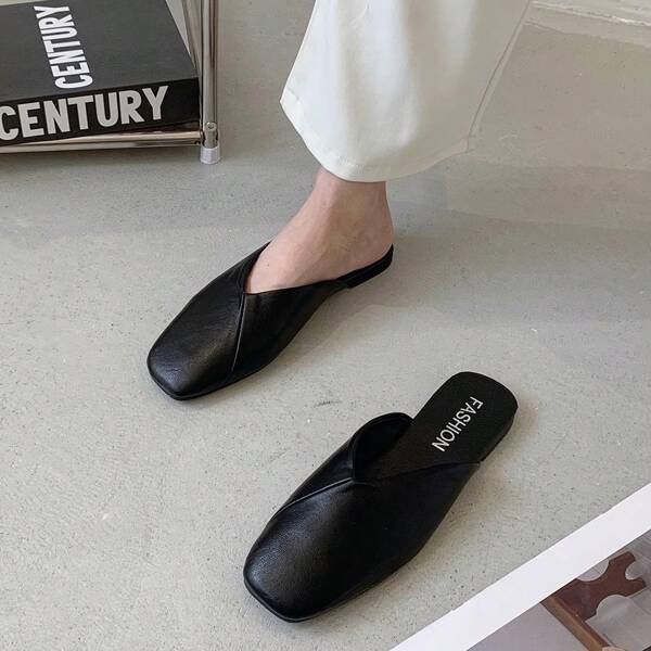 Women's Black Mule Shoes, Elegant Square Toe Design, Fashionable Comfortable Flat Sandals, Closed-Toe Slip-On Shoes, Suitable For Indoor And Outdoor, All Season, Synthetic Leather Upper Soft And Comfortable, Rubber Outsole Durable And Non-Slip, Wholesale And Retail