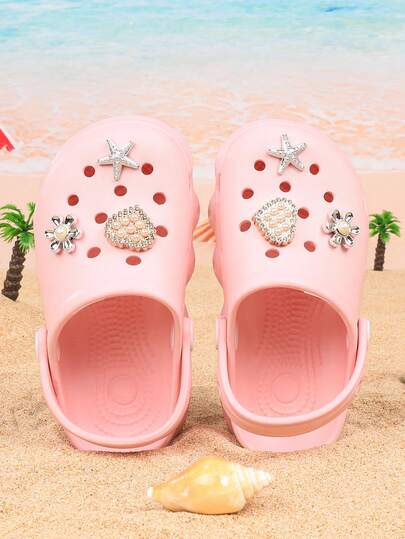 Girls' Fashion Fish Scale Pattern EVA Sandals, Slip-On Design, Heart Flower Starfish Decor, Casual Indoor/Outdoor Beach Shoes, Suitable For All Seasons