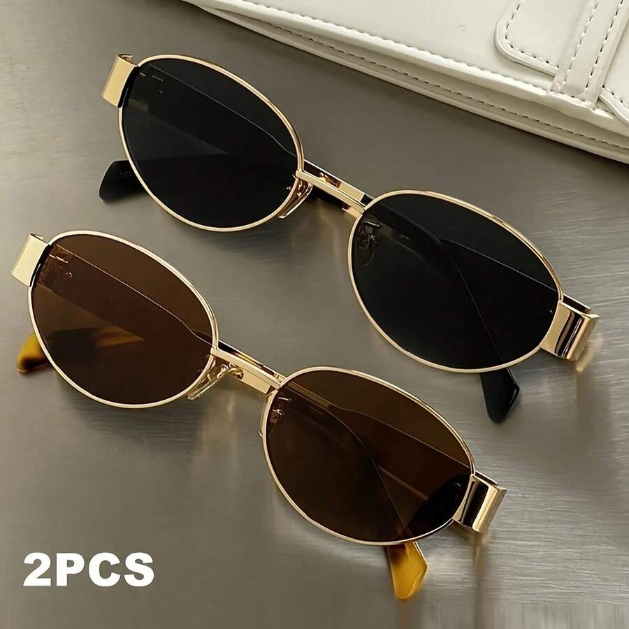 2pcs Metal Frame Oval Retro Fashion Glasses, Fashionable Design For Women, Suitable For Everyday Wear, Traveling & Beach Preppy Style For Back To School - Nhiều màu - Xem 1
