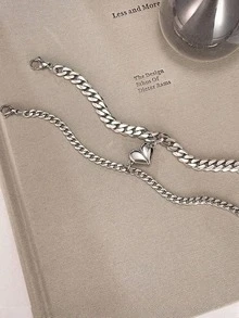 MONALLY 2pcs Fashionable Magnetic Silver Heart Couple Bracelets, Stainless Steel Friendship Bracelets, Gift For Lovers, Anniversary, Any Occasion - Chain Bracelet - View 5
