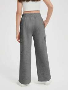 EXARUS 3-Pack  Girls' Workwear Wide-Leg Pants New Style Cool Street Loose Pants Elastic Waistband Solid Color Multi-Pocket Straight Casual Pants Suitable For 6-14 Years Old - 黑色+白麻灰+深麻灰 - 查看 5