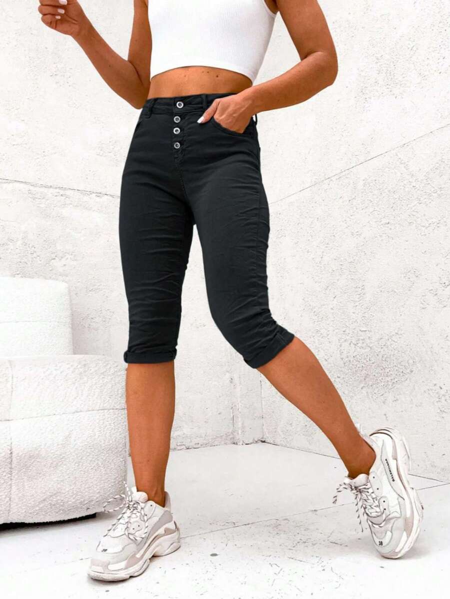 Pantalon court femme Pantalon femme Short boyfriend 7 points avec élastique Noir Blanc Marron Beige Blanc Exclusivité été Quotidien Plein air été - Noir - Voir 1