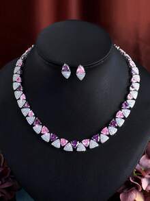 1 Set Beautiful Sparkling Purple And Pink Cubic Zirconia Chunky Luxury Round Wedding Bridal Party Choker Necklace And Earrings Jewelry Sets For Women - Purple - View 7