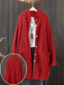 Plus Size Solid Color Casual Half-Turtleneck Cardigan, Autumn/Winter