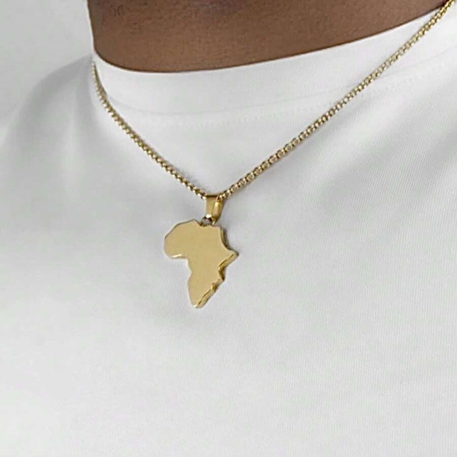 Gold-Tone Africa Map Pendant Necklace, Stainless Steel Gold Plated African Jewelry, High Quality African Jewelry, Ideal Gift For Family And Friends - Gold - View 1