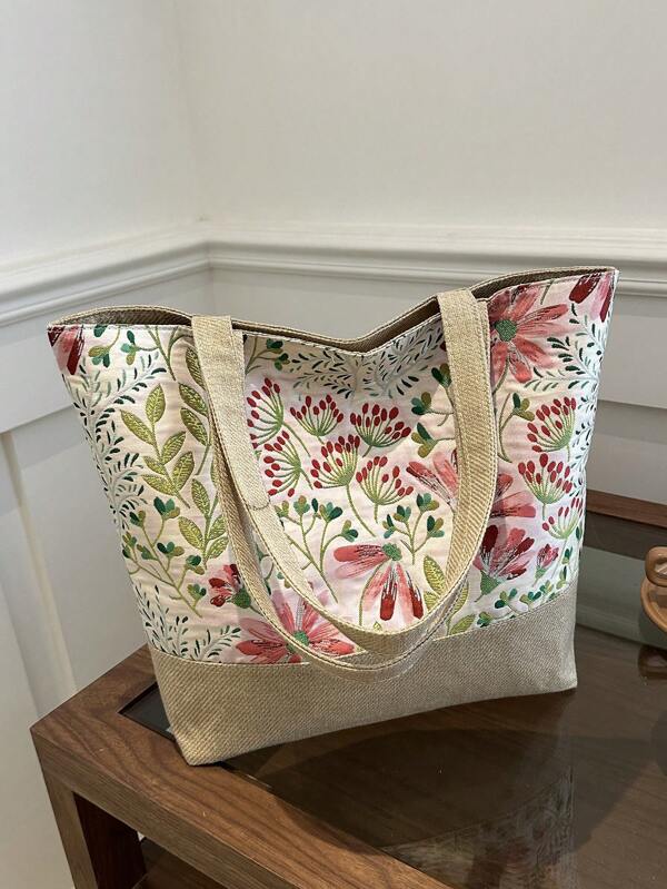 1 pieza Bolso de mano de gran capacidad con estampado floral de moda para mujer, bolso de hombro ligero pintado, bolso de compras casual, adecuado para el uso diario, estudiantes, viajes, turismo, trabajo y chicas jóvenes