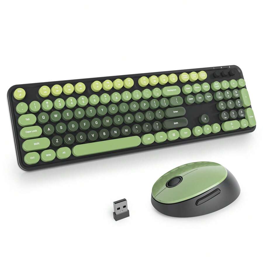 Wireless Keyboard And Mouse Set, Cute Keyboard And Mouse Combo, Full Size Typewriter Keyboard With Number Pad, Colorful Keyboard With Round Keycaps For Windows PC Laptop - Dark Green - View 1