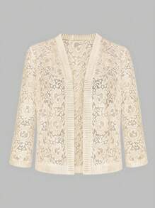 Yukiwi 大码女式纯色轻薄开襟蕾丝外套 - 杏色 - 查看 1