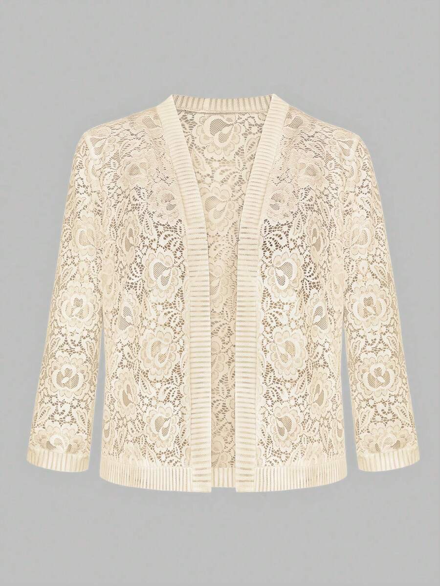 Yukiwi 大码女式纯色轻薄开襟蕾丝外套 - 杏色 - 查看 1