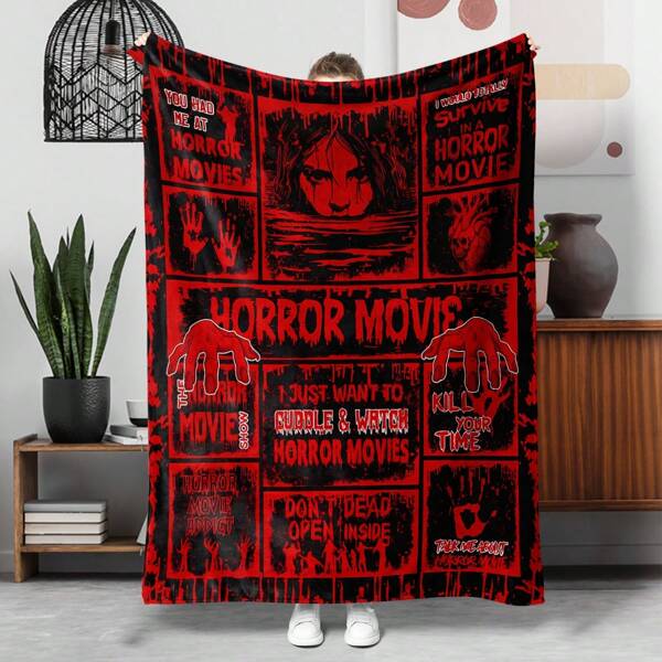 1pc Horror Movie Themed Halloween Gift Blanket, Suitable For Sofa, Living Room Nap, Outdoor Camping, Travel, Extra Large Soft & Cozy Throw Blanket