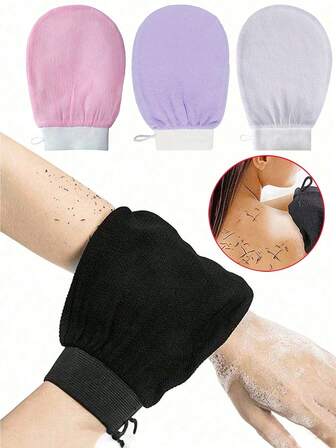 Nuevos 3 piezas Guantes exfoliantes de poros profundos, suaves y brillantes - Exfoliante corporal para baño y ducha - Limpia la piel muerta y seca - Guantes exfoliantes coreanos suaves y efectivos, Guantes exfoliantes que eliminan visiblemente la piel muerta, muy adecuados para el bronceado en spray o la queratosis pilar, hechos de 10% de fibra de viscosa Exfoliante corporal, bolsa, bolsa de almacenamiento, caja de almacenamiento, pinza para el cabello