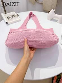 ENBEI 女士时尚优雅手提包，假日沙滩包，粉色包，镂空针织沙滩包简约钩针包爱心休闲镂空图案钩针包假日风格适合少女大学生非常适合大学、户外、旅行、郊游、休闲度假、沙滩包、单肩包、手提包，非常适合海滩度假、购物和度假必需品，与女士假日服装完美搭配 - 粉色 - 查看 6