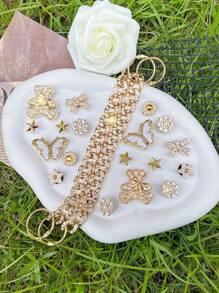 20pcs Gold Rhinestone Chain, Bear, Butterfly, Pentagram, Flower, Bow Shoe Decorative Detachable Vintage DIY Faux Pearl Flower Garden Shoe Accessories, Suitable For Holidays And Birthday Party Gifts - Gold - View 4