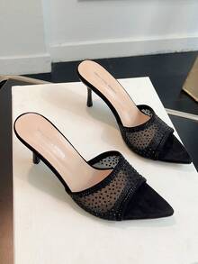Sandalias de tacón alto en punta con adornos de pedrería para mujer - Tacones aguja sexys de malla transparente negra con diseño de cuña para verano - Negro - Ver 4