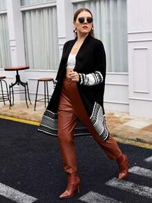 Women's Long Sleeve Open Front Casual Wavy Striped Contrast Color Knit Cardigan