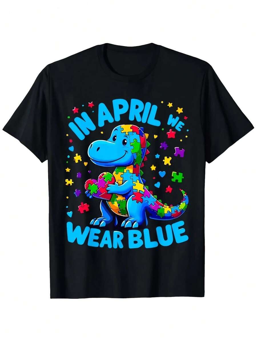 Autism Awareness Day, We Wear Blue Dinosaurs T-Shirt, Suitable For Boys And Girls, Fashionable Boys T-Shirt, Breathable And Comfortable, Perfect Holiday Easter Gift And Birthday Party Gift, Perfect For School Or Play - 黑色 - 查看 1
