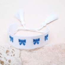 1pc Embroidered Bow Handmade Braided Bohemian Fashion Bracelet, Suitable As Gift For Family, Friends, Students, Party, Travel, Daily Wear - White B - View 6