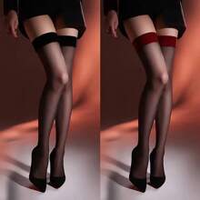 1 双女士透明大腿长筒袜 - 黑色带红色饰边，宽松舒适，超透明魅力，时尚感性风格，贴身衣物，优雅袜类，透气材质，蕾丝，时尚
